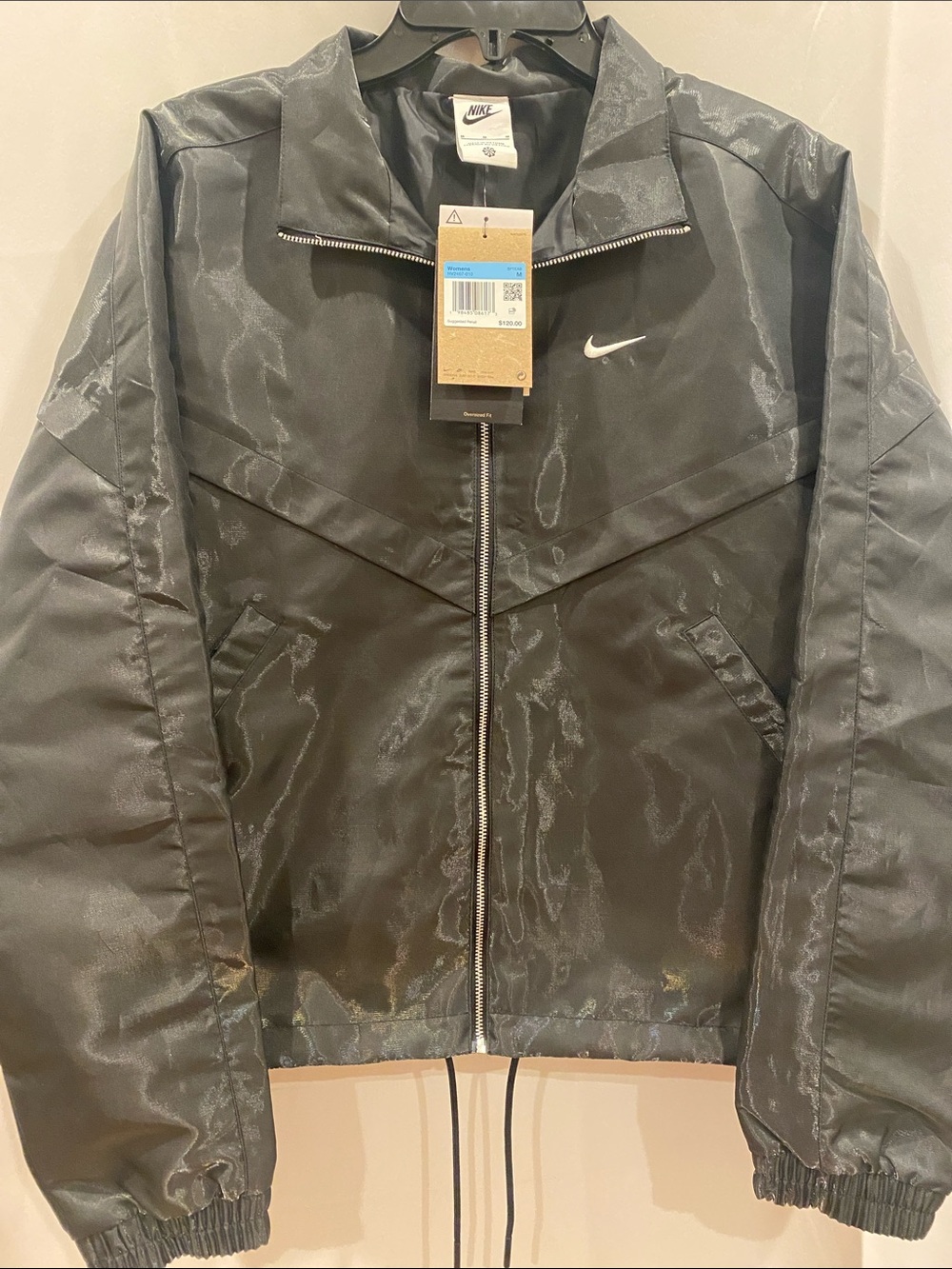 Nike Women’s Black Zip-Up Shiny Windbreaker Jacket - Medium